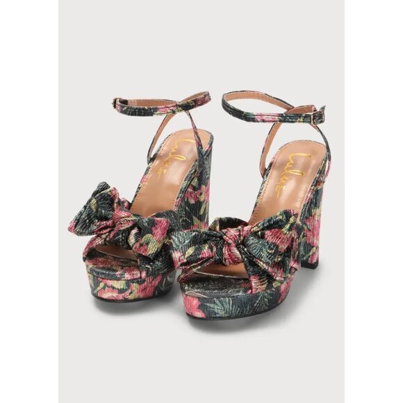 Lulus Shoes - NEW! Lulus Lilso Black Floral Metallic Bow Platform Ankle Strap Block Heels -8.5